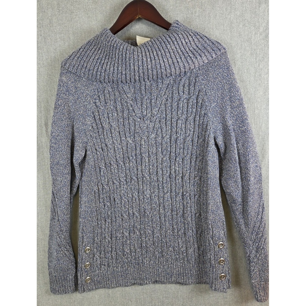 Talbots Womens M Sweater Cowl Neck Cable Knit Side Buttons Blue‎ Heather Career